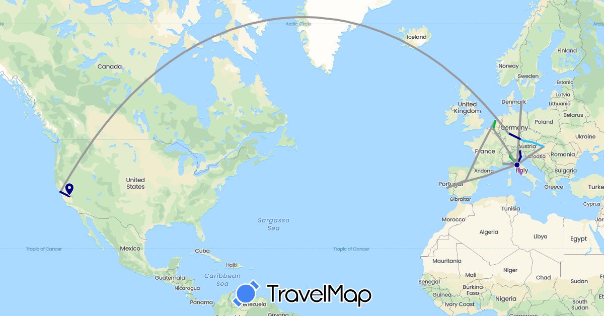 TravelMap itinerary: driving, bus, plane, train, boat in Austria, Belgium, Germany, Denmark, Spain, France, Hungary, Italy, Netherlands, Portugal, United States (Europe, North America)